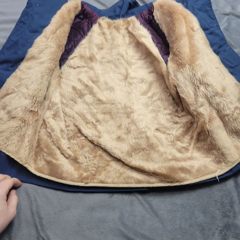 Vintage Navy Blue Kids Peacoat With Faux Fur Lining By Cute Togs Double-Breasted